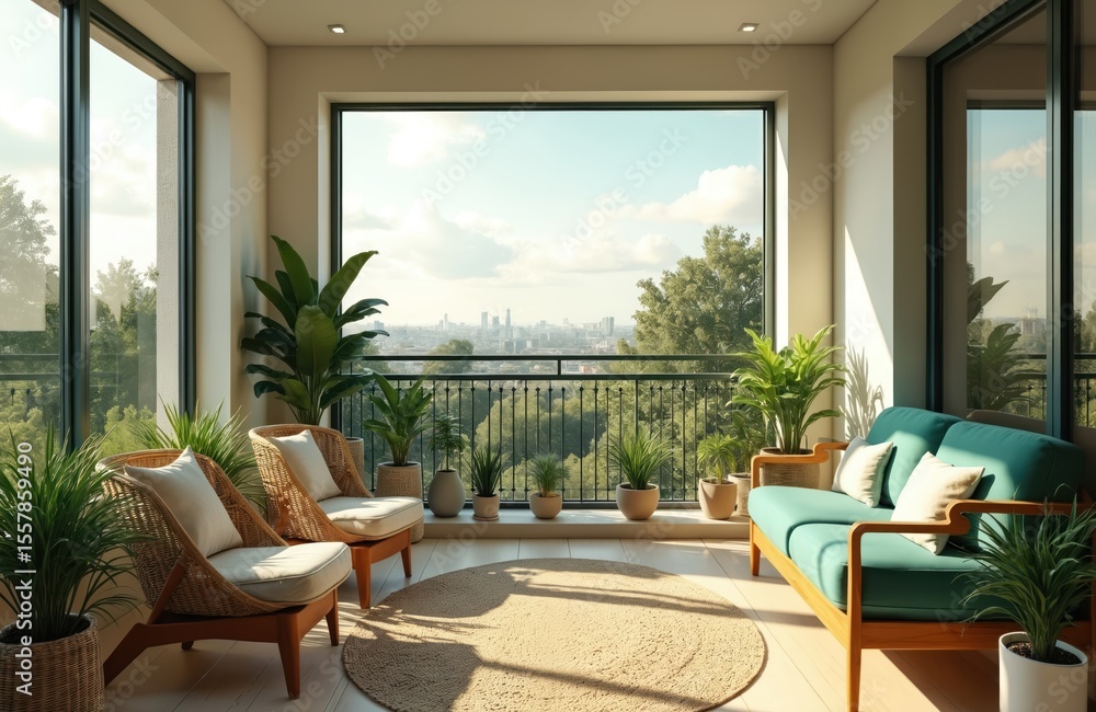Naklejka premium Modern minimalist balcony interior with green, white, gold hues. Cozy home space with comfortable furniture, plants, scenic city view through large window, creating relaxing vibe. Perfect for real