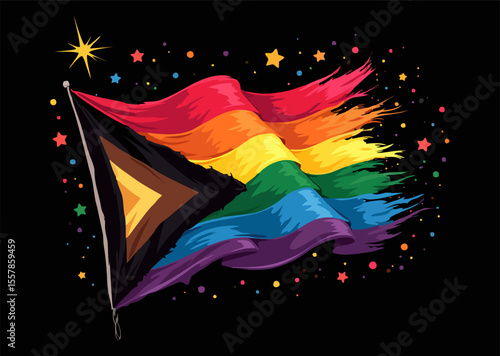 Vector design with decorative drawing of lgbt 
flag of rainbow stripe is fluttering in wind. 
Fashion t-shirt print. Pride proud parade pattern 
for textiles, fabric, clothing.