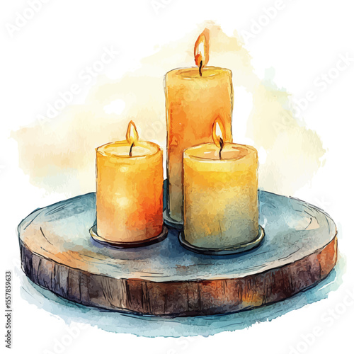 Glowing Candles Sunset Dinner, watercolor vector, isolated on a white background.