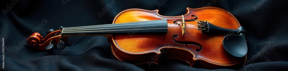Fototapeta premium Violin with ornate golden strings against a dark velvet background, instrument, violin