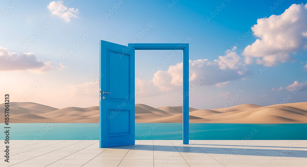 An open blue door stands in a surreal desert landscape with a tranquil sea and cloudy sky An open blue door stands in a surreal desert landscape with a tranquil sea and cloudy sky