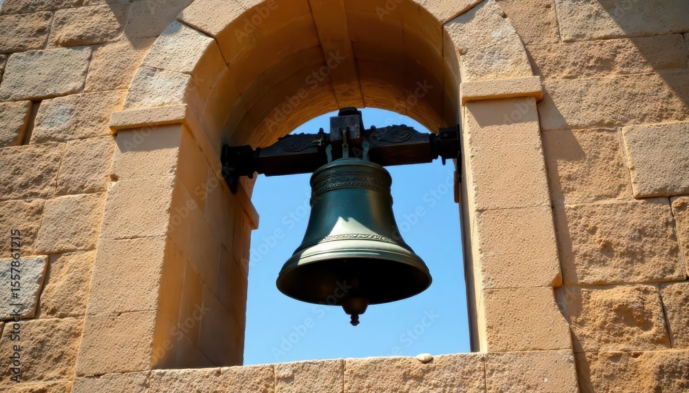 Obraz premium Ancient church bell tower with row of bells underneath, bell tower, atmospheric lighting