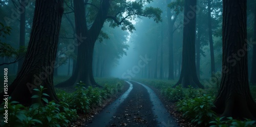 Fototapeta Naklejka Na Ścianę i Meble -  Dark, mysterious forest path shrouded in heavy rain , damp, downpour, gothic