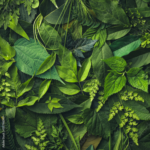 Foliage background with a variety of real plant leaves showing a diverse ecos...