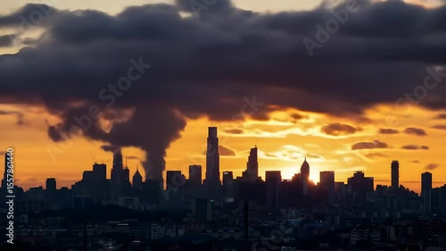 Rising Urban Smog Over City Skyline at Sunset – Air Pollution and Climate Change Timelapse