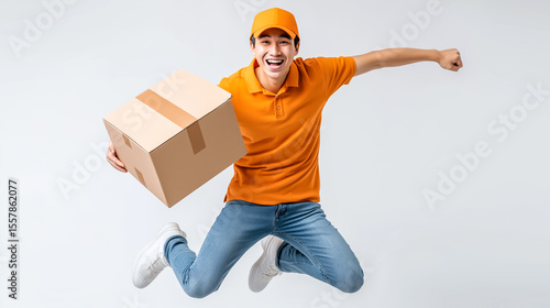 Smiling delivery man in orange uniform jumping with cardboard box on white background