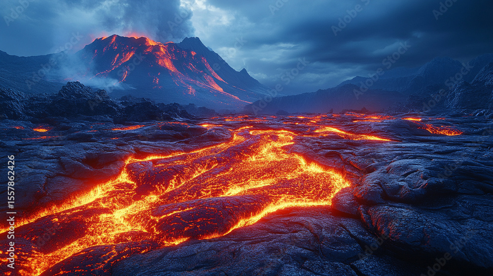 A dramatic volcanic terrain illuminated by glowing embers and molten lava, showcasing the raw power and fierce energy of an active volcanic landscape. Jagged rocks and scorched earth reflect intense h A dramatic volcanic terrain illuminated by glowing embers and molten lava, showcasing the raw power and fierce energy of an active volcanic landscape. Jagged rocks and scorched earth reflect intense h