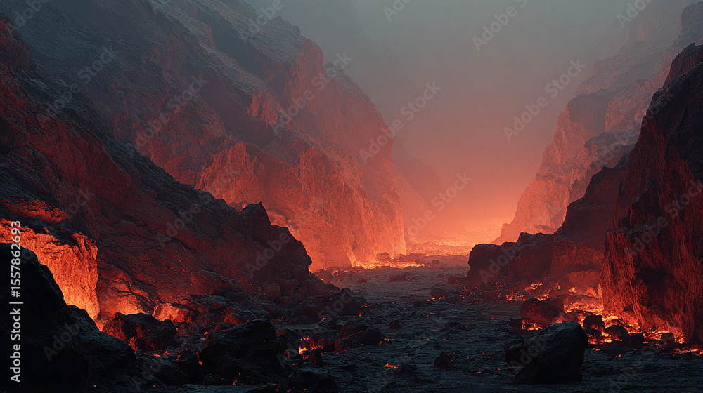 Fototapeta premium A dramatic volcanic terrain illuminated by glowing embers and molten lava, showcasing the raw power and fierce energy of an active volcanic landscape. Jagged rocks and scorched earth reflect intense h