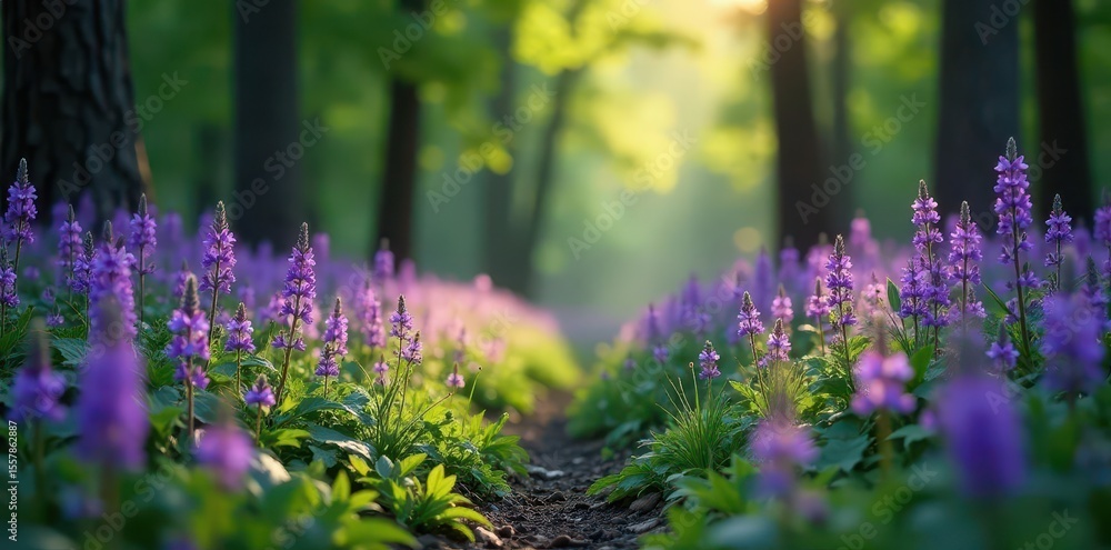 Obraz premium Dense purple wildflowers surround a tranquil forest clearing, forest, nature