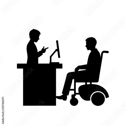Passenger in wheelchair receiving assistance at airport check-in desk  