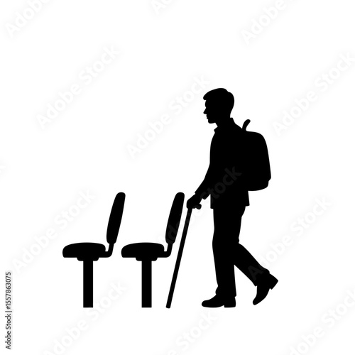 Man walking with cane beside airport seating concept of Accessibility Support  
