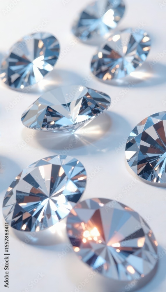 Fototapeta premium Assortment of dazzling diamonds arranged on pure white surface, brilliant, texture, clarity