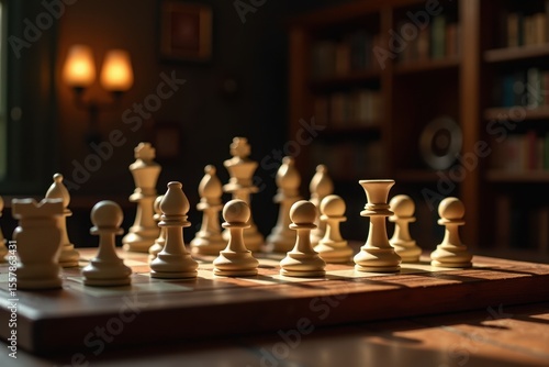 Wallpaper Mural A wooden chessboard with classic chess pieces in mid-game, warm sunlight casting soft shadows. The background shows a cozy library with old books and a glowing lamp Torontodigital.ca