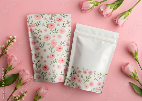 Ziplock pouch packaging mockup with floral decor on pink