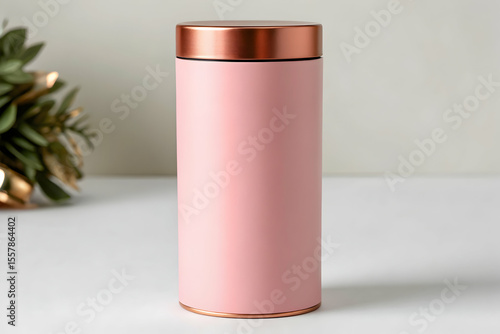Pink cylindrical gift tube with rose gold metallic lid