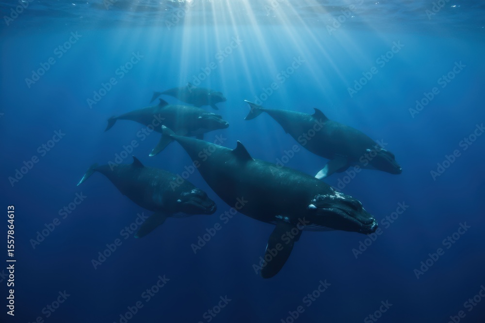 Obraz premium A group of black whales swimming together in deep blue ocean, sunlight rays piercing the water. The scene is calm and majestic
