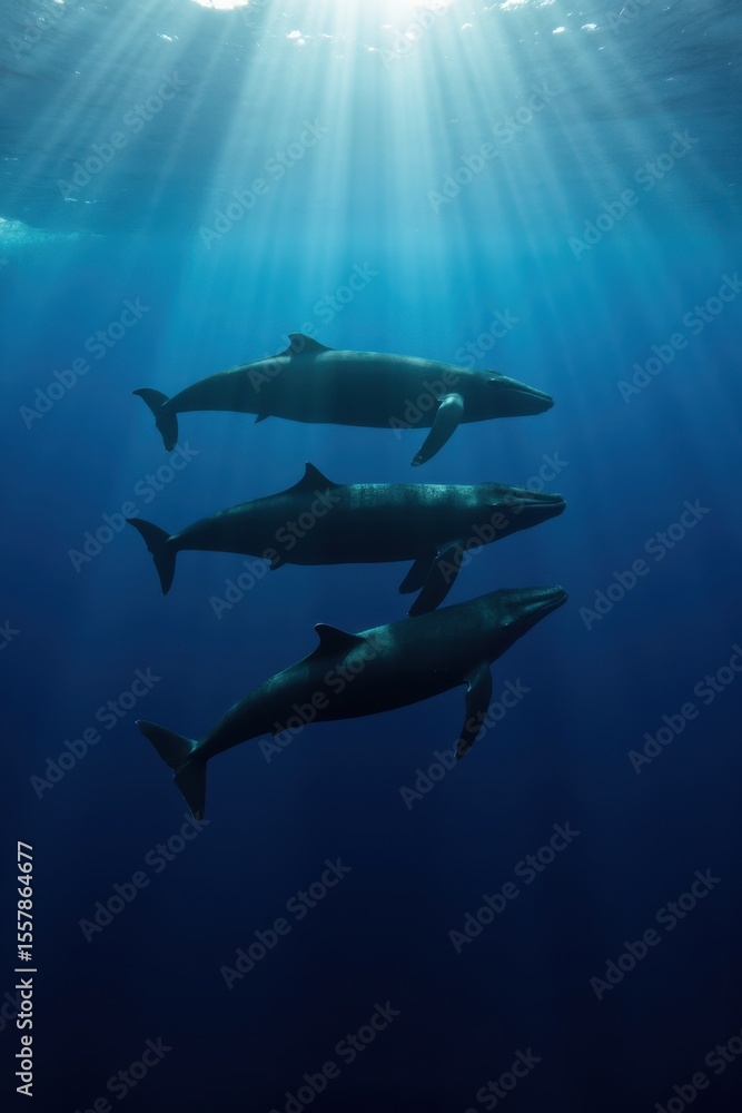 Obraz premium A group of black whales swimming together in deep blue ocean, sunlight rays piercing the water. The scene is calm and majestic