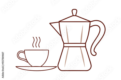 Line art of espresso cup alongside moka pot illustration