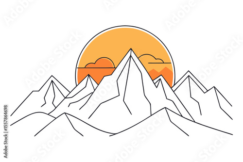 simple continuous line art of sun over mountains