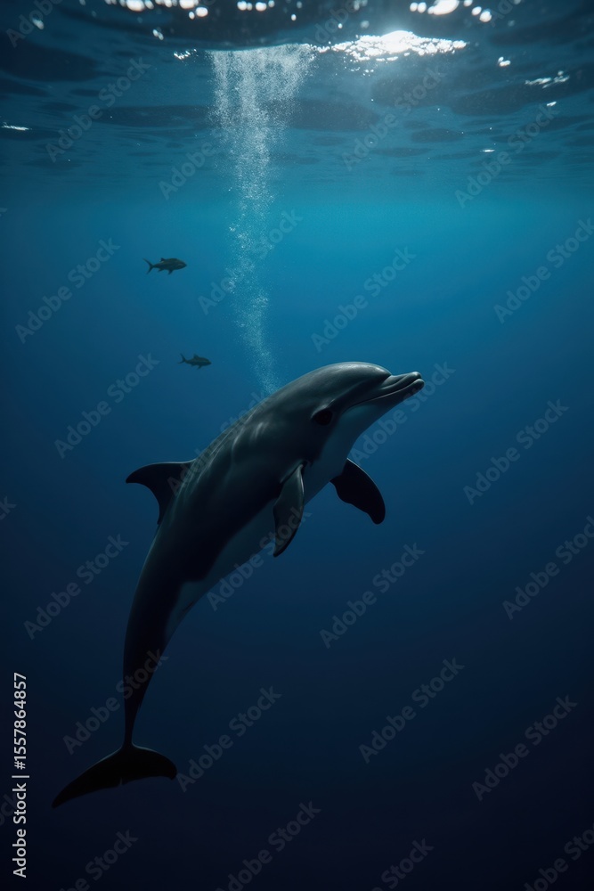 Obraz premium A black dolphin swimming calmly in deep blue ocean, sunlight filtering through the water, surrounded by small fish. The mood is peaceful and serene
