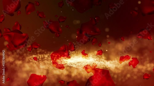 Valentine's Day romantic captivating animation of vibrant red rose petals gracefully flowing against a serene sparkling golden particles backdrop. Dreamy and enchanting atmosphere. Perfect for love.