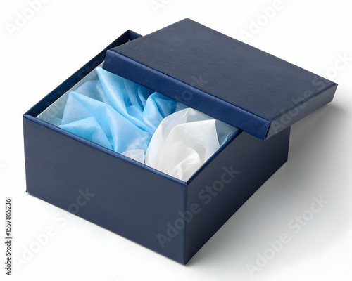 Navy gift box with layered tissue in blue and white tones