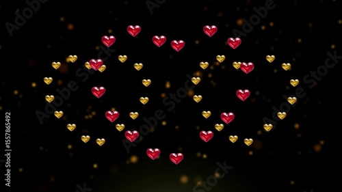 Valentine's Day animation, Red and Gold three beautifully crafted hearts rotate gracefully against a backdrop filled with soft golden particles. Warm and romantic ambiance, perfect for love projects.
