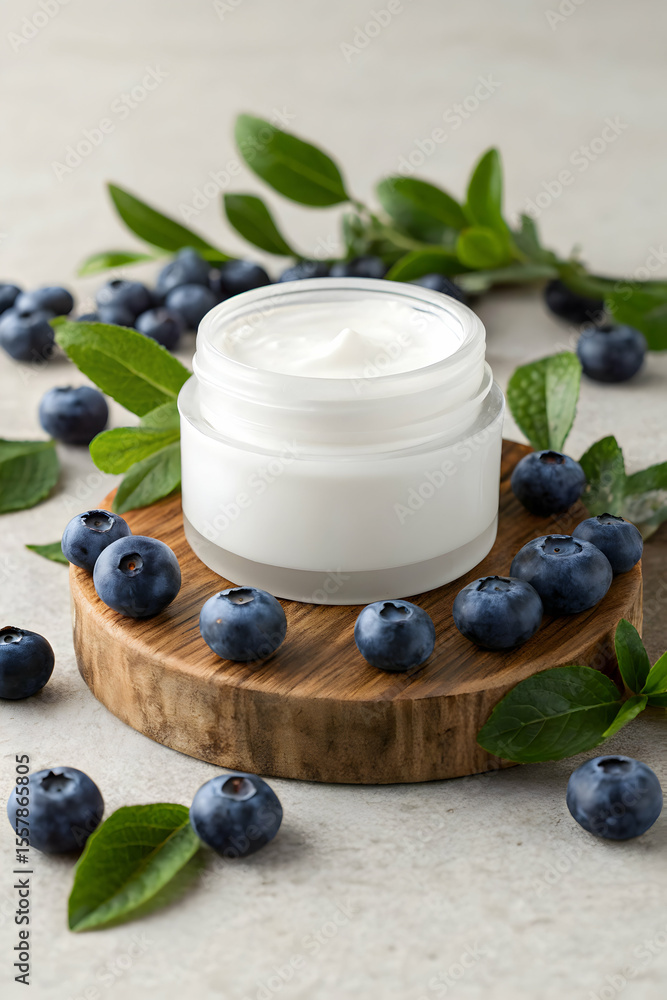Exfoliating cream with blueberry and green leaf accents natural setup Exfoliating cream with blueberry and green leaf accents natural setup