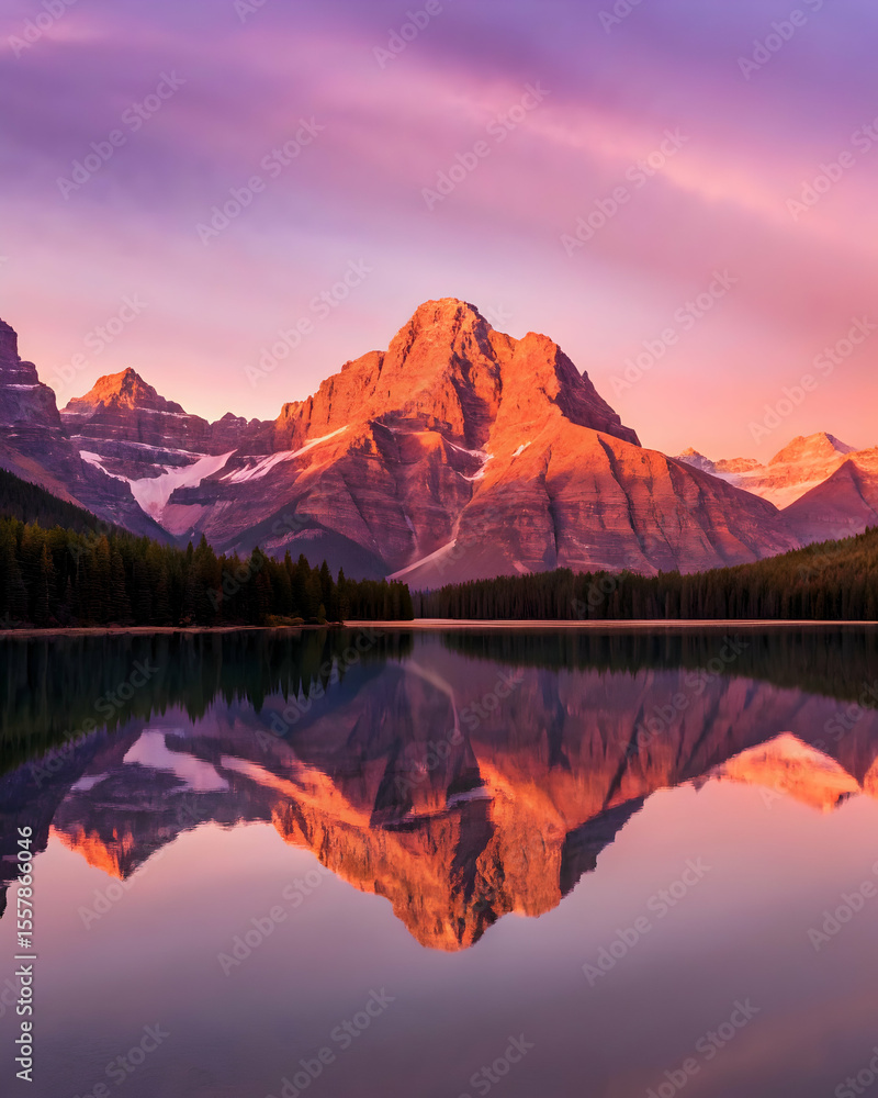 Fototapeta premium Mirrored pastel mountain peaks at sunset dreamlike symmetry