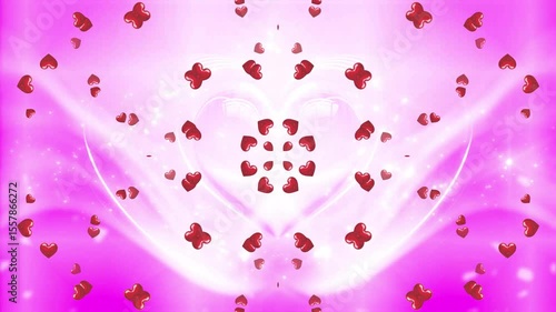Valentine's Day enchanting background animation featuring a mesmerizing kaleidoscope pattern of flowing hearts. Vibrant red hearts gracefully cascading against a stunning pink gradient backdrop.