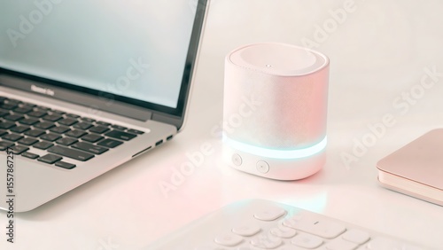 A laptop and a white cylindrical device with a light ring on a desk next to a keyboard