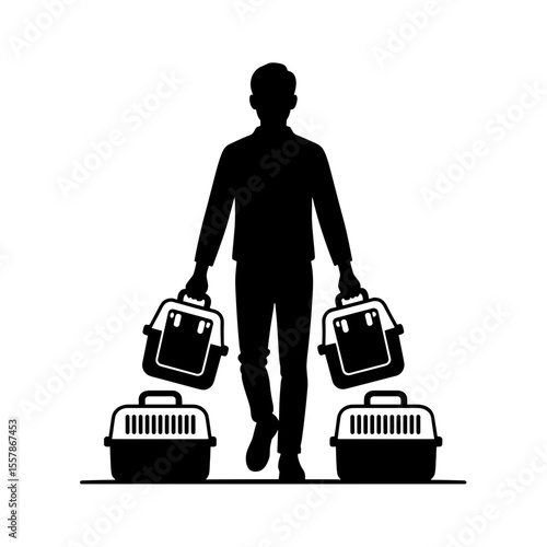 Silhouette of man carrying two pet carriers while walking in transit  