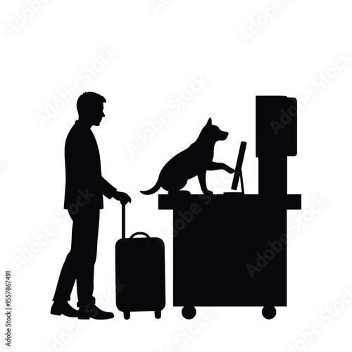 Silhouette of man checking in dog at airport counter, concept of Pets in Transit  