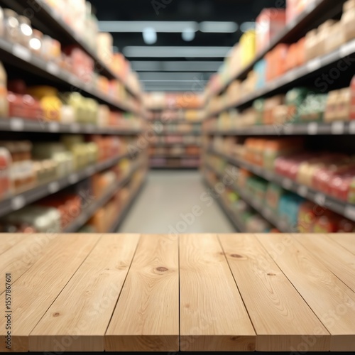 Wallpaper Mural Wooden tabletop mockup with grocery store background. Perspective view with empty space for product display, promotion. Supermarket food market retail shelf aisle. Torontodigital.ca
