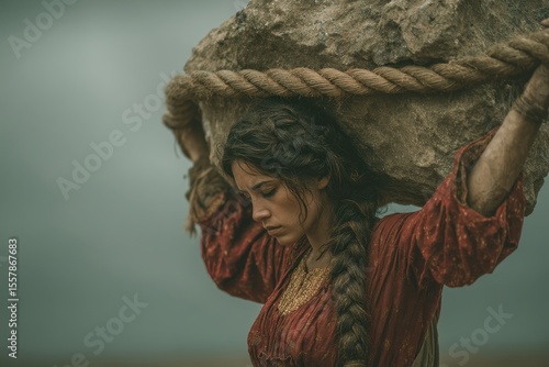 Woman straining under a heavy stone, roped, outdoor portrait