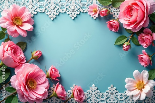 Delicate white lace overlaying vibrant floral backdrop , spring, design