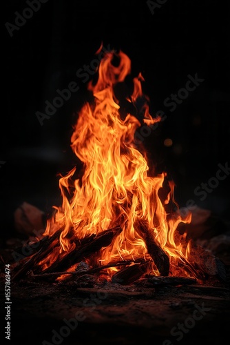 A burning blaze with vibrant flames rising from stacked wood