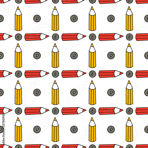 Colorful school pattern with stationery, cartoon style, pencils and erasers, cheerful background.