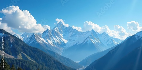 Wallpaper Mural Azure sky, fluffy white clouds drift over majestic mountain peaks , sunlight, outdoor Torontodigital.ca