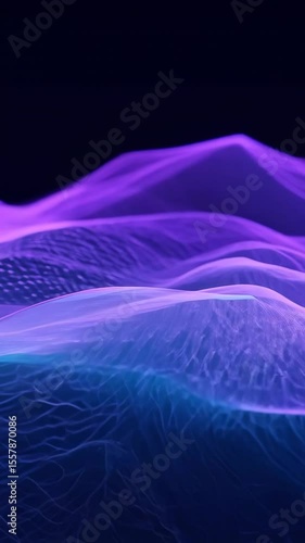 Abstract digital waves in purple and blue colors flowing smoothly through dark space with dynamic motion creating futuristic technological patterns and ethereal light effects