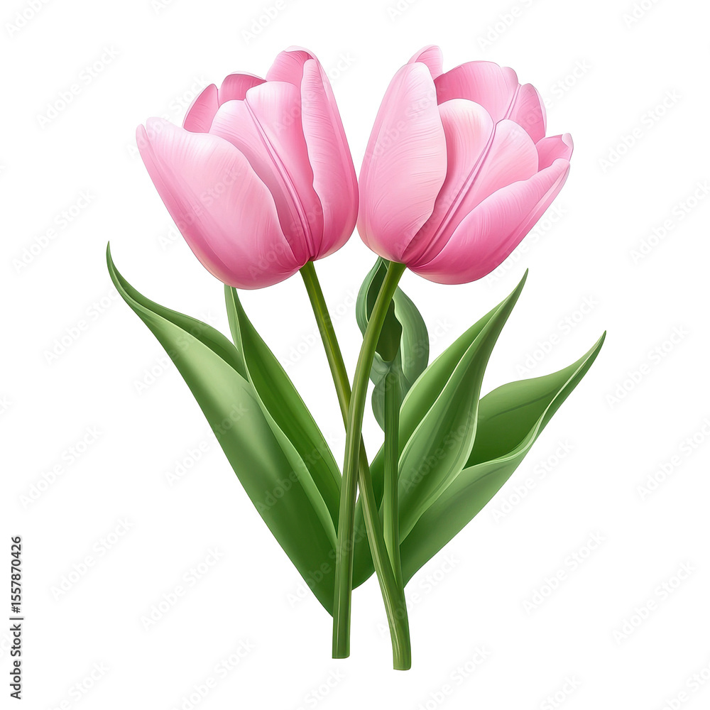 Three pink tulips arranged with vibrant green leaves on a clean white background, Bouquet three pink tulips Isolate Three pink tulips arranged with vibrant green leaves on a clean white background, Bouquet three pink tulips Isolate