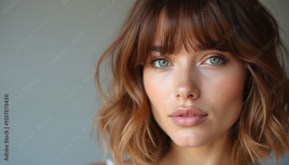 Naklejka premium Brunette woman face with modern shoulder-length shag hairstyle with bangs. Soft, trendy hair cut. Textured layers, warm caramel bronde hair color with soft natural skin makeup. Beauty portrait.