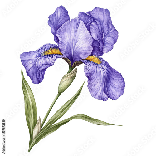 Beautiful iris flower with delicate purple petals and green leaves isolated on a white background, iris flower isolated on white background