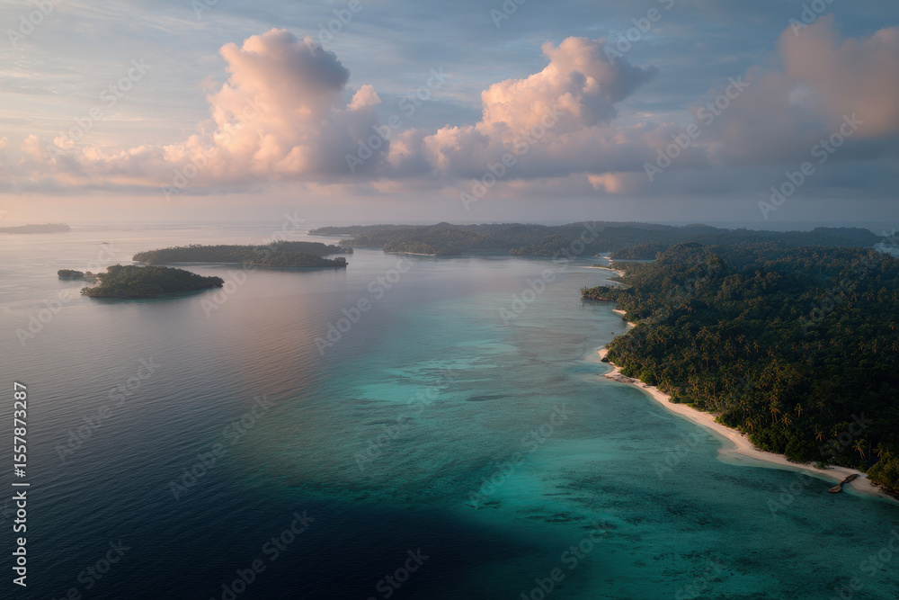 Fototapeta premium aerial view of island archipelago in papua new guinea with long shadows