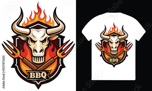 BBQ King Grill Master Vector T-Shirt Design | Retro Vintage Barbecue Logo.