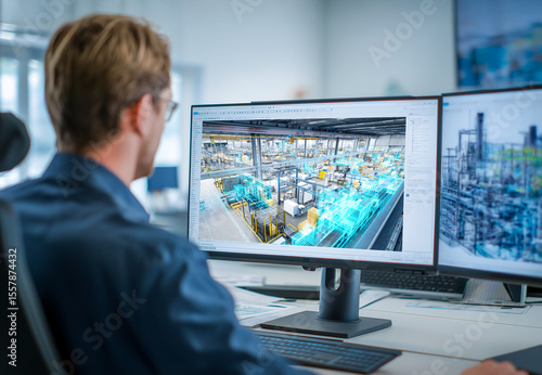 Male Engineer Creating Digital Twin for Industry 4.0 Factory Digitalization