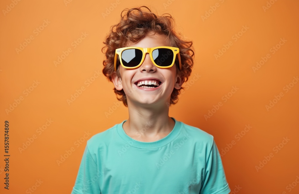 Happy caucasian boy in sunglasses smiles. Cheerful child wearing eyewear on orange background. Portrait of joyful kid in studio. Summer fun, childhood joy, happy emotion, casual style. Happy caucasian boy in sunglasses smiles. Cheerful child wearing eyewear on orange background. Portrait of joyful kid in studio. Summer fun, childhood joy, happy emotion, casual style.