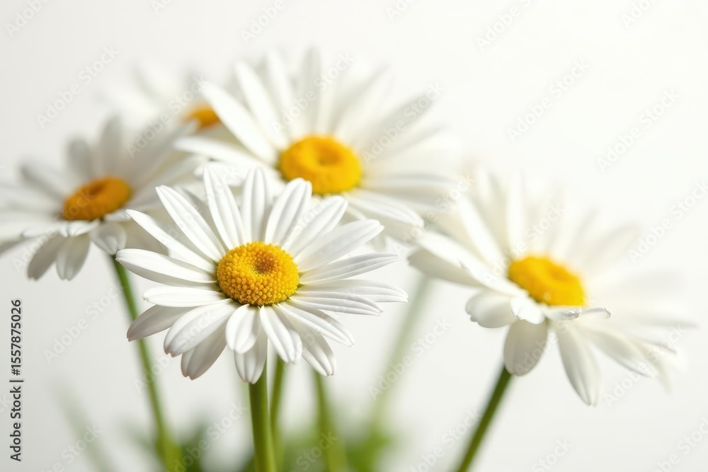 Obraz premium Close-up of several daisies, petals vibrant white, yellow centers, isolated on pure white background , flower, bright, pure white