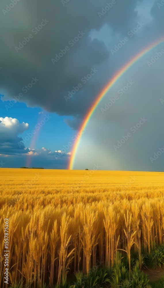 Naklejka premium Double rainbow arches over golden wheat field, dramatic storm clouds overhead, vibrant, storm clouds, vibrant colors