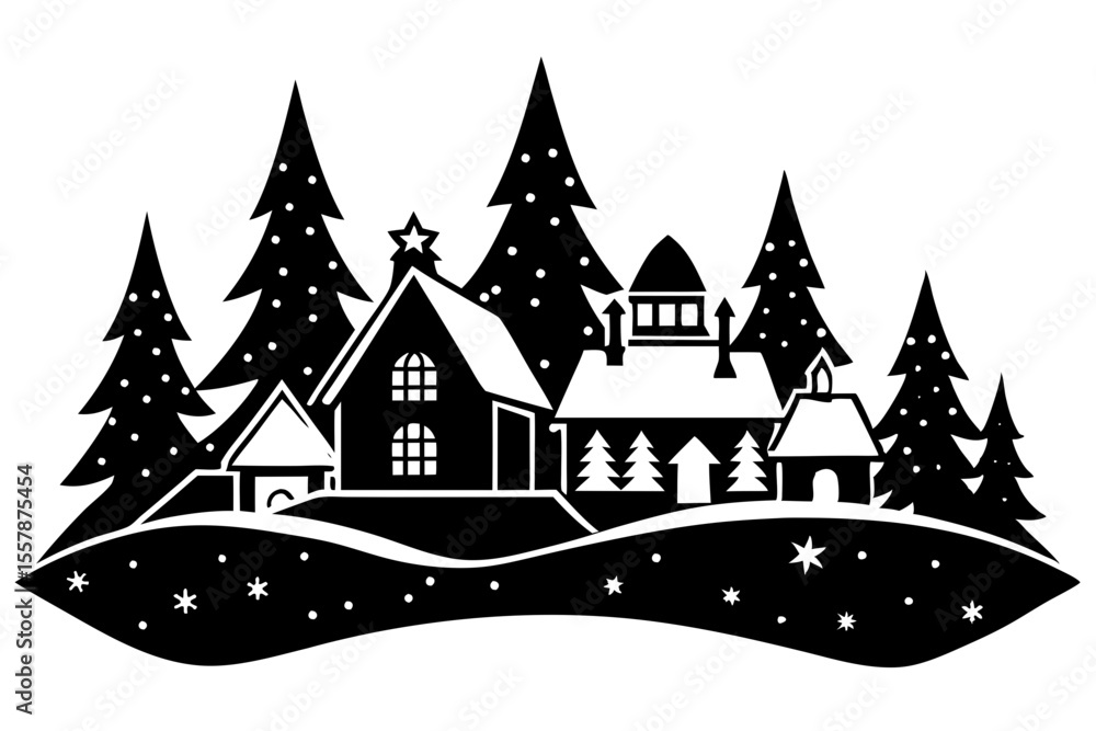 Obraz premium Peaceful Winter Village Silhouette Illustration for Holiday Cards